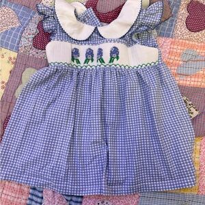 Shrimp & Grits Kids Blue and White Gingham Dress with Hydrangea Smocking
